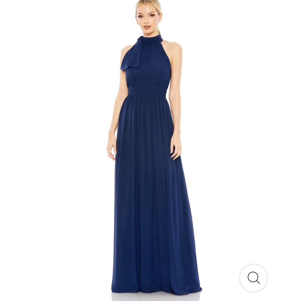 Mac Duggal NWT 2 Ieena Navy Blue High Neck Chiffon Tiered Gown Halter Midnight